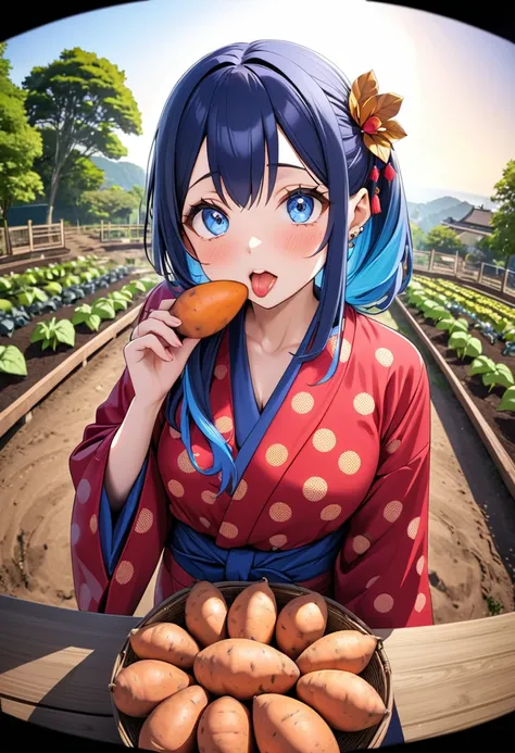 (best masterpiece, high resolution: 1.5), (8K, RAW photo, fisheye effect, perfect anatomy, golden ratio: 1.3), pointillism, professional photography, gaze, lone Japanese idol, (real: 0.5 ), (Eating sweet potatoes: 1.5), (Sweet potato pattern, red yukata: 1...