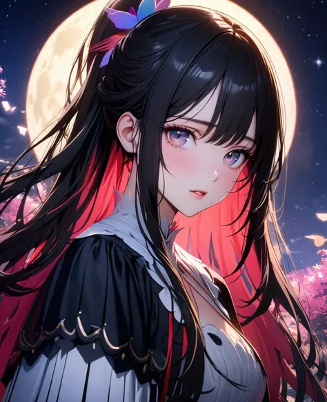 8k,Ephemeral beauty，Very delicate and beautiful,Beautiful and realistic skin,Shiny Hair,Shiny black hair、Long and colorful hair,Beautiful Eyes,Beautiful night sky、full moon、shy、White ruffled costume、ＮＯhair accessory、 Put your hair half up、Don&#39;t put any...