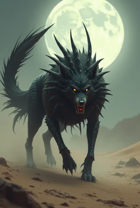 A powerful wolf with a scorpion’s segmented tail and spiked armor prowls through the sand, the stinger poised and ready. Its dark silhouette against the moon creates a haunting and powerful presence."