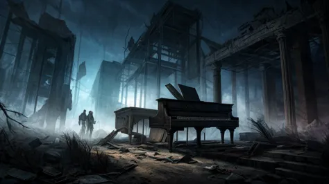 abandoned apocalyptic space, very foggy and featuring an abandoned worn piano, broken, in ruins, echo, spooky, gripping, fog, my...