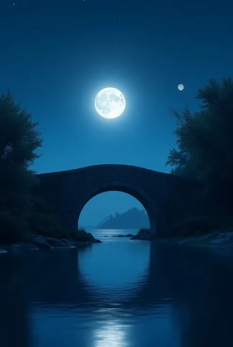 A calm night ,  with clear skies and a bright full Moon reflecting in the waters below an old bridge,