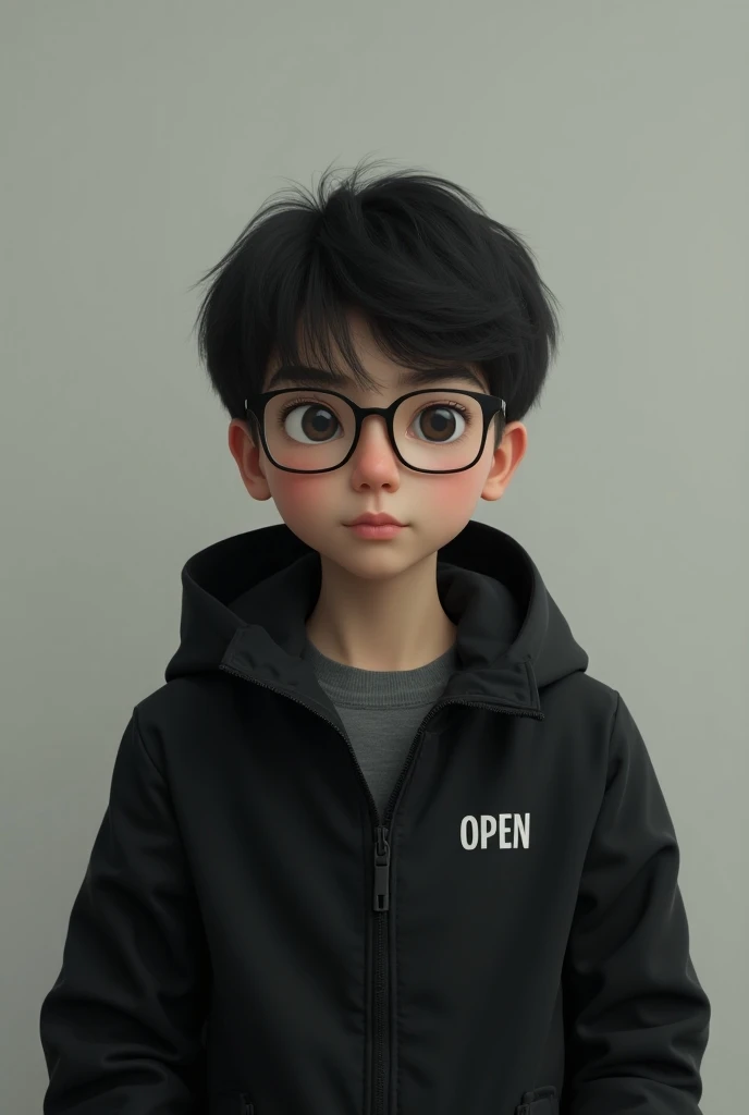 a boy with black hair wearing glasses a black jacket with a sign that says open 