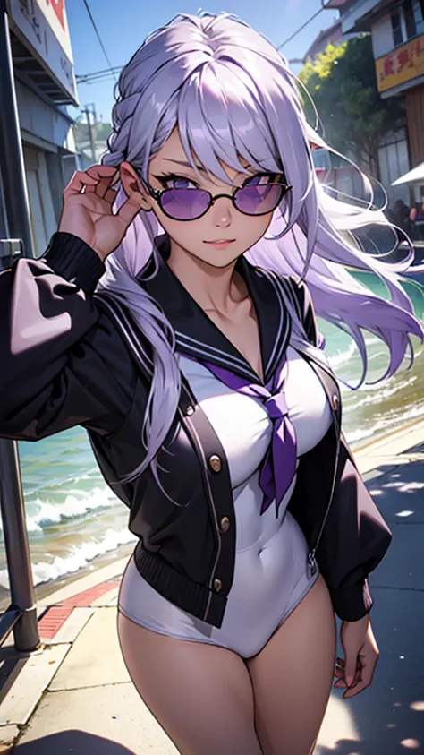 Female student、 long, silvery, purple hair、Bright expression、Feeling unbridled 、Mixed facial features、Model body type、Erect nipples、 sailor suit、 black roses on my chest 、 round lens sunglasses