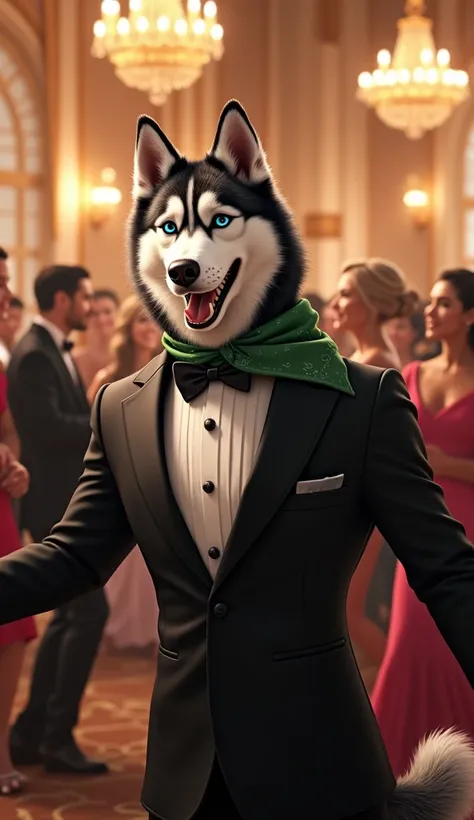 An extravagant gala held in a beautifully decorated ballroom. Maximilian(a stunning Siberian husky with a thick double coat of gray and white fur, ) shines in a sleek black tuxedo, complete with a bowtie. He confidently dances with several elegant female d...