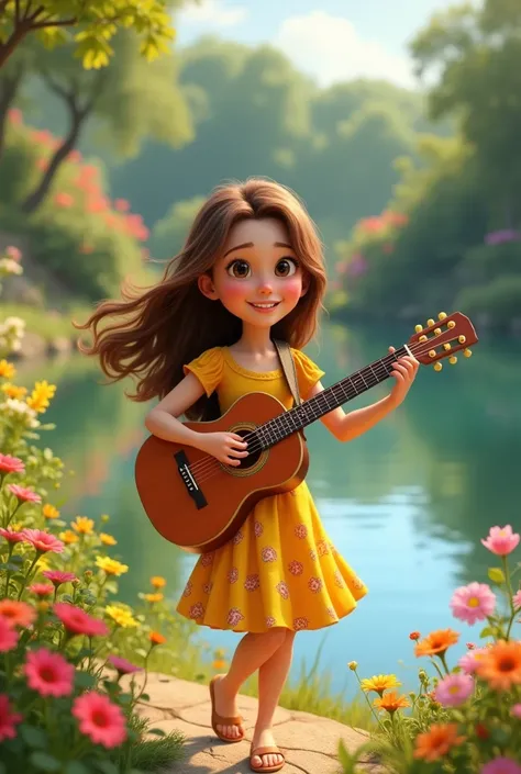 Zury Akyra,  of s , brown wavy hair,  friendly ,  guitar wearing a yellow round dress. Play in the flowery garden next to the lake with your guitar. disney pixar image 