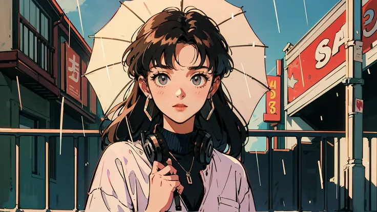 Best Quality, 8k, 1990s Style, 2010s Hairstyle , Very beautiful 21 year old girl ,  Black Hair ,Droopy eyes, Big headphones,  big chest, ((smile)),  I cant control my light brown eyes,  is staring at me, dye your cheeks, rain, Around town, Holding an umbre...