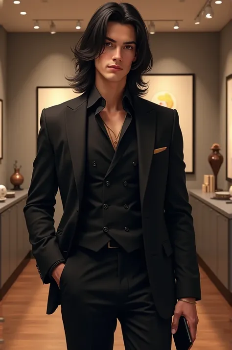 Handsome boy longer hair wearing black glass 
With amazing suit holding phone and ads Hamza Gallery 