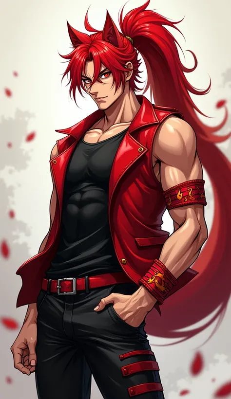   FULL BODY IMAGE ,  manga style ,  Where there is a handsome man  ,  half human and half feline male ,   with long red hair tied in a ponytail  , crimson eyes, Tall and strong ,   seductive face and confident smile  ,   wearing a black screen shirt  ,   w...