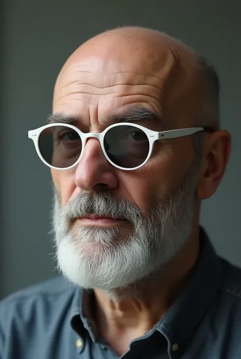  Bald man straight line on forehead , Totally bland , barbas,  trimmed white round glasses dark lenses ,oval face reading  , Without the scratch on the forehead 