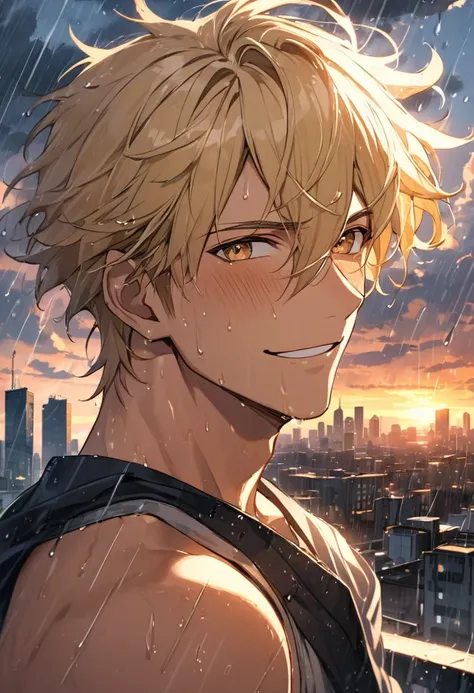 masterpiece, Best Quality, sunset,  Handsome Male Anime Characters, Blonde,  sunburned skin from before,  has a mean smile on his face at viewers,  looking up at the sky , Rainy Big City , cloud,  wind is blowing, 