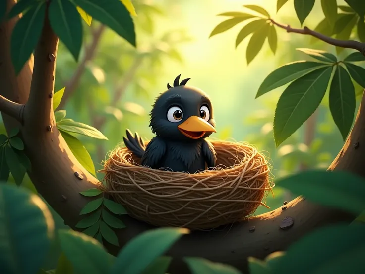 In the dense jungle ，A young crow on a branch，Sitting in the nest ， with its mouth open ， warm sunshine ，3D Animation，Light Effect，Cartoon，Horizontal version 16:9，Ultra-clear picture quality