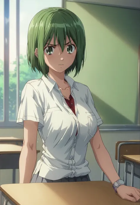 masterpiece、Best Quality、 1 girl、manami kinjuo (Lets go play)，bob hair short、Harsh face、Hindhair first、Green Hair、Green Eyes、Tomboy、short sleeve school shirt with open neck、Red Bra、Big Breasts、 school miniskirt 、 straight hair、16-year-old girl、 anime style...