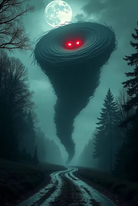 Make a spiral-shaped tornado on a mud road in the forest on a full moon. The spiral tornado is scary, you can see the lines that form it, the spiral tornado, and in it we can see the red eyes.