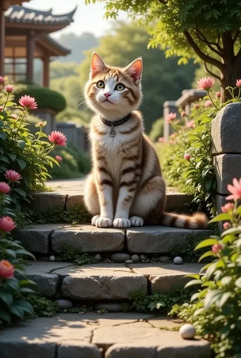 Stone stairs、 an adorable cat 、Looking down at women 、Peaceful scenery、 flowers can be seen on one side、A pleasant sunny day 、