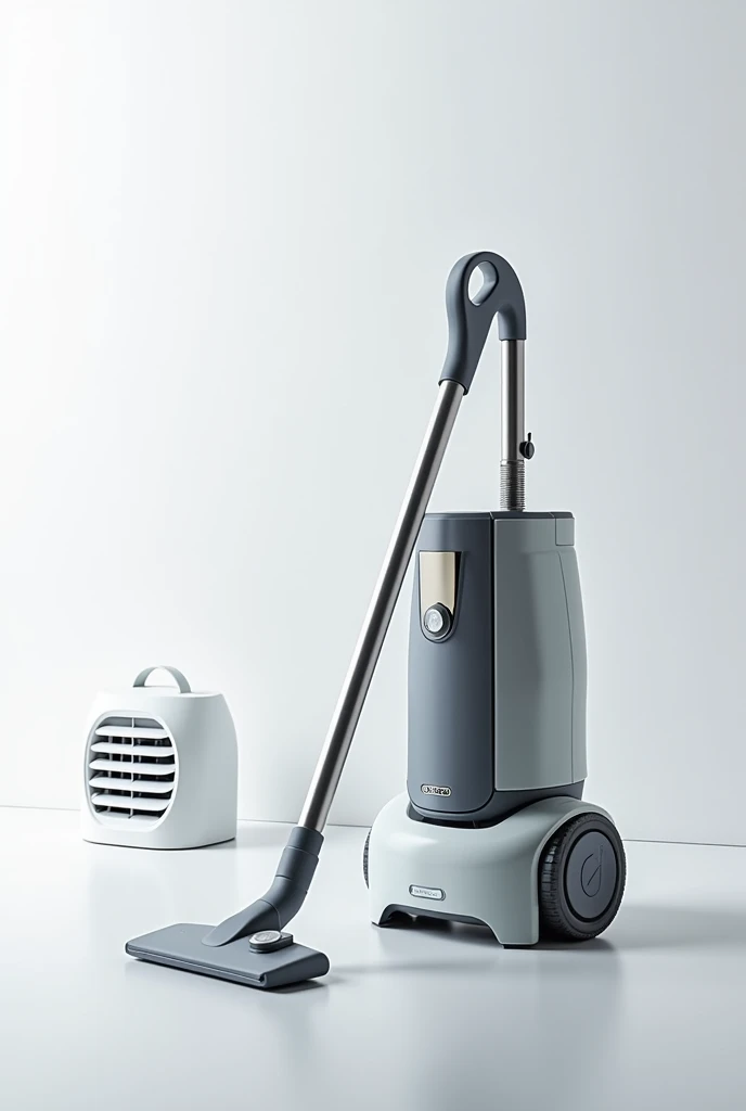 vacuum cleaner with air cooler and tire inflator (left side is air cooler, upper tire inflator, right side vacuum cleaner) minimalist size. landscape yung itsura vacuum with handle sa upper side niya. make it looks like digital art. Vaccum landscape. 