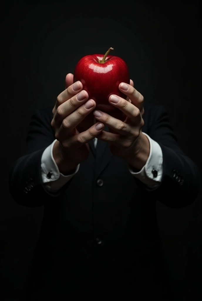 A mans big pale strong hands,   with an apple on his hands dripping drops of blood, The background that is all dark