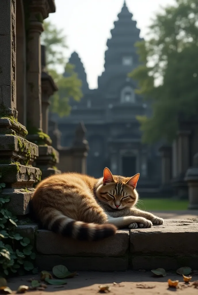 ((masterpiece, highest quality, Highest image quality, High resolution, photorealistic, Raw photo, Extremely detailed CG unified 8k wallpaper)), Cat at Angkor Wat, ancient temple ruins, cat sleeping on stairs,