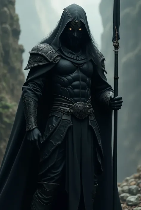 a diverse person, with long black hair, a mask, dark armor and a spear