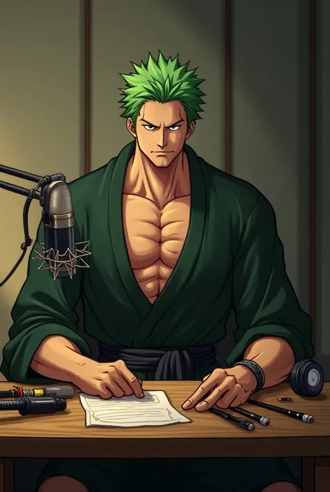 "Zoro, a muscular, determined swordsman with short green hair and a confident expression, sits at a podcast studio table. He wears a dark green robe partially open to reveal a bandaged torso, with a black sash tied around his waist. Three swords are sheath...