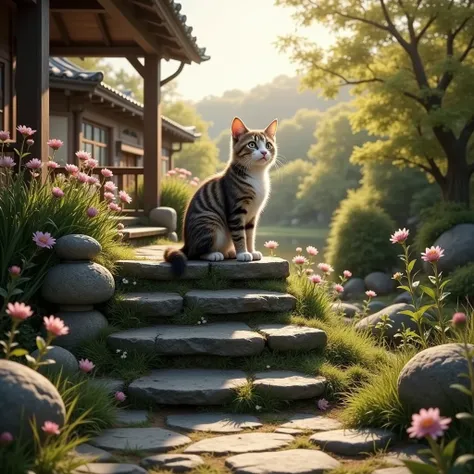 Stone stairs、 an adorable cat 、Looking down at women 、Peaceful scenery、 flowers can be seen on one side、A pleasant sunny day 、