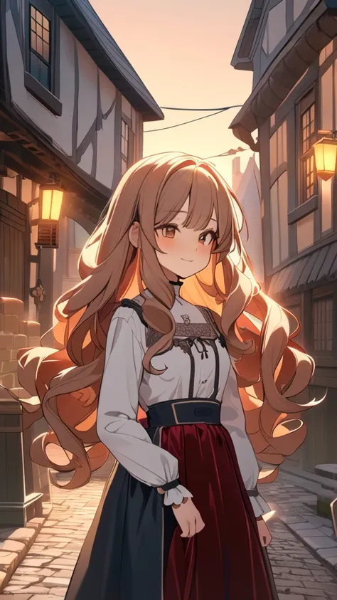 1 girl, ( cute face), (Long Curly Hair:1.2),  medieval aristocrat costume, embroidered blouse ,  velvet skirt,  small breasts, smile, break,  old streets, ( Dusk Light :1.2),  Warm Hues ,  quiet atmosphere, break, Cobblestone Street, Medieval house々, smoke...