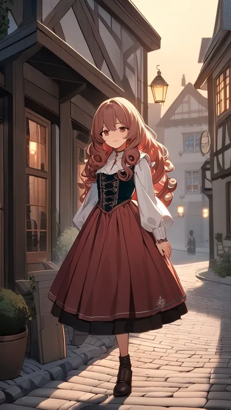 1 girl, ( cute face), (Long Curly Hair:1.2),  medieval aristocrat costume, embroidered blouse ,  velvet skirt,  small breasts, smile, break,  old streets, ( Dusk Light :1.2),  Warm Hues ,  quiet atmosphere, break, Cobblestone Street, Medieval house々, smoke...