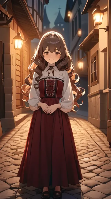 1 girl, ( cute face), (Long Curly Hair:1.2),  medieval aristocrat costume, embroidered blouse ,  velvet skirt,  small breasts, smile, break,  old streets, ( Dusk Light :1.2),  Warm Hues ,  quiet atmosphere, break, Cobblestone Street, Medieval house々, smoke...