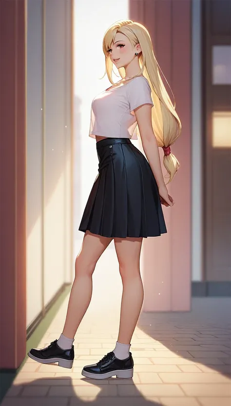 a drawing of a woman in a skirt and a black top, tifa lockhart with white hair, anime full body illustration, anime girl wearing a black dress, anya from spy x family, perfect white haired girl, ecchi style, ecchi anime style, anime style character, style ...