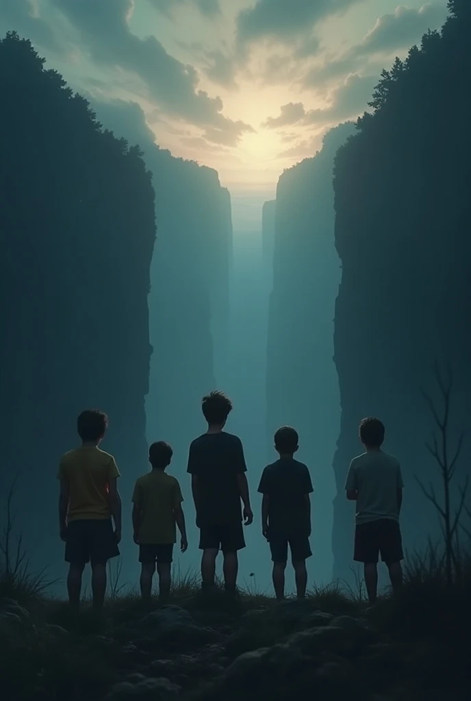 Create an image of a group with their backs seeing an abyss , Also play 1 girl and 3 adolescent boys who are almost adults darker and darker in the sky