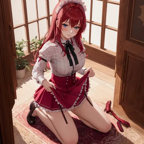  A submissive red-haired angel maid kneeling obediently serving her master, subtly lifting her skirt ,  wearing a pink necklace around her neck with a strap 