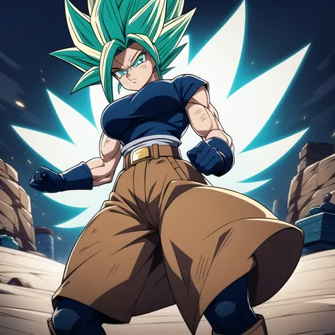 dbsuper style, 
Girl, green aura, super saiyan aura, belt, cyan hair, huge hair, bruise, bruise on face, clenched hands, frown, glasses, gloves, blue eyes, grey gloves, injury, medium breasts, huge muscular, solo, spiked hair, super saiyan, super saiyan 4,...