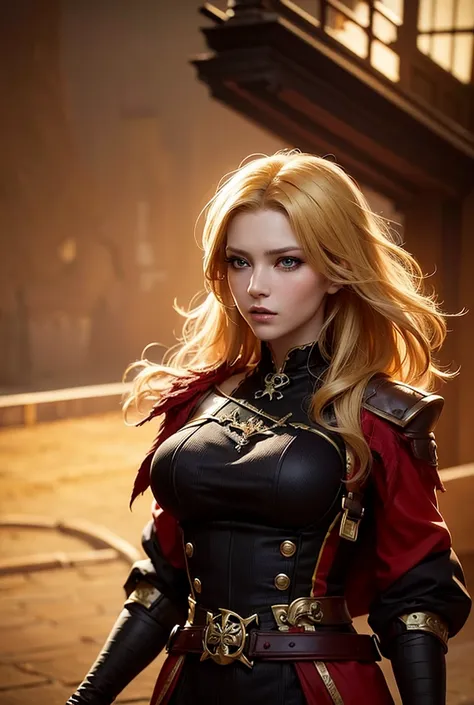 a beautiful woman, pirate style red and yellow clothes with black, blonde hair color, blue eyes, large breasts, highly detailed, photorealistic, 8k, ultra-detailed, masterpiece, physical-based rendering, vivid colors, dramatic lighting, intricate details, ...