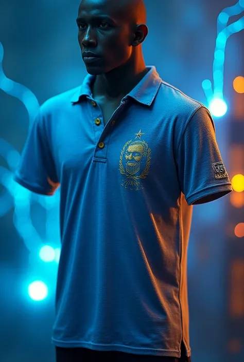 Blue polo with collar, light blue and orange metallic with the image of Nikola Tesla small 
with his continuous electricity experiment and an embroidered logo
