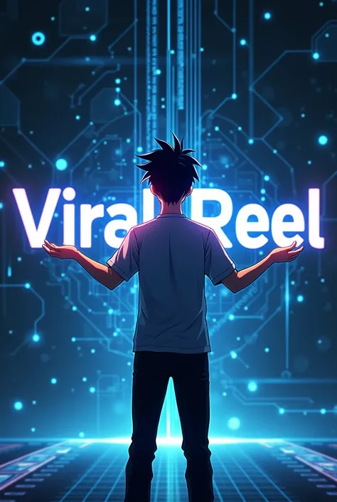 Youtube reel thumbnail with technical background and viral reel written on it in attractive form with a anime man holding viral in hands showing his back