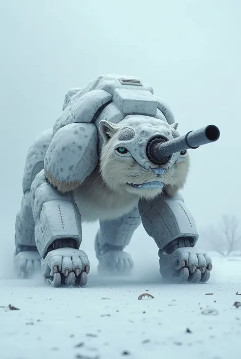 A highly detailed, realistic image of a hybrid between a snow leopard and a military tank, set in a snowy, desolate landscape. The creature has the sleek, powerful body of a snow leopard, with its beautiful fur blending in with the snow, but its body is re...