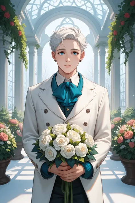 A serene and elegant MAN with a head full of snow-white hair and piercing baby blue eyes, sporting a delicate complexion, stands amidst a vibrant flower garden, clad in a crisp white button-down blouse, gently cradling a bouquet of fresh flowers in his han...