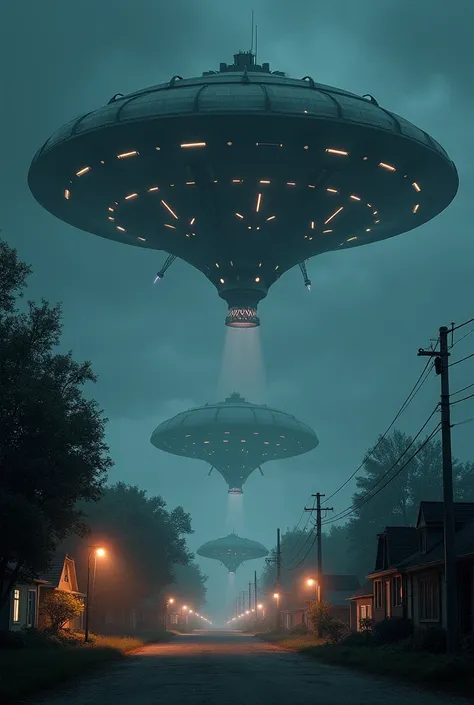  alien satellites invading a small town at night, coming out of the 