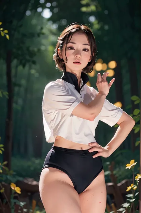 Warrior Girl, wearing a Black gymnastics bloomers, High leg、white blouse, cowboy shot、The background is a dark forest at night、 puts his hands on his hips、Grab clothes