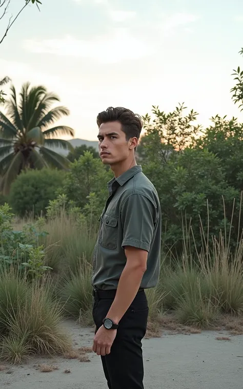 a young man, detailed facial features, handsome, thoughtful expression, standing in a serene natural environment, golden hour lighting, lush foliage, atmospheric, cinematic, muted color palette, impeccable details, photorealistic, 8k, masterpiece