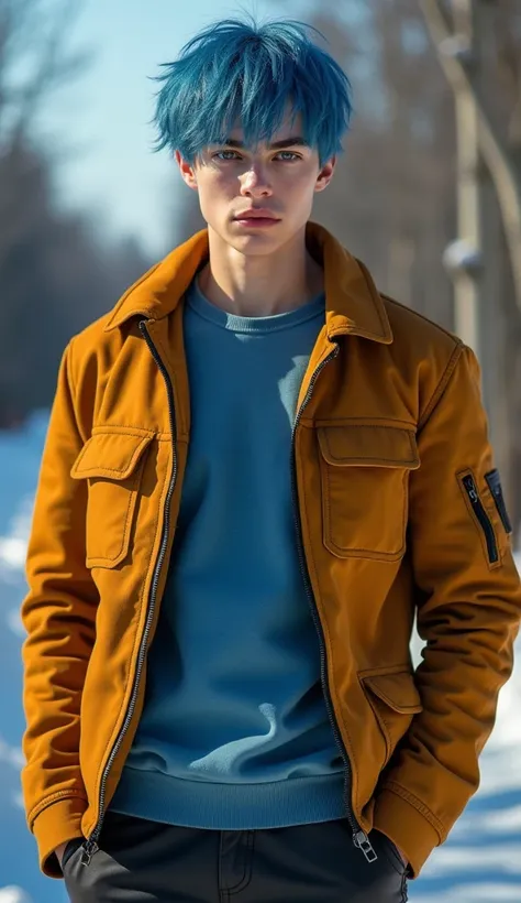  young Russian man of 19 years old ,beautiful, ((by the blue)), ((by the blue corto y desordenado)),  blue eyes , ((((extremely detailed , t-shirt and leather pants  ))), posa standing,  has to see pants , fotorrealistic, 8K, ( better quality, 4k, 8K,  Hig...