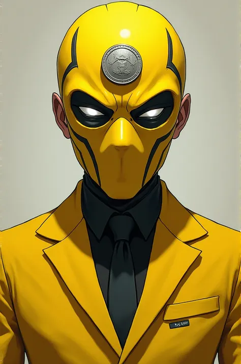 A jujursu kaisen style character with a yellow mask and a coin on his forehead, white eyes and a stylish yellow suit 