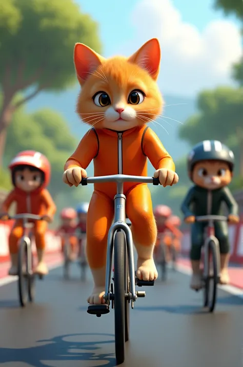 Generate a high quality 3D image: An orange cat stands at the starting line of a race track with its silver bicycle Inside orange riding costume and more riders are also stand 