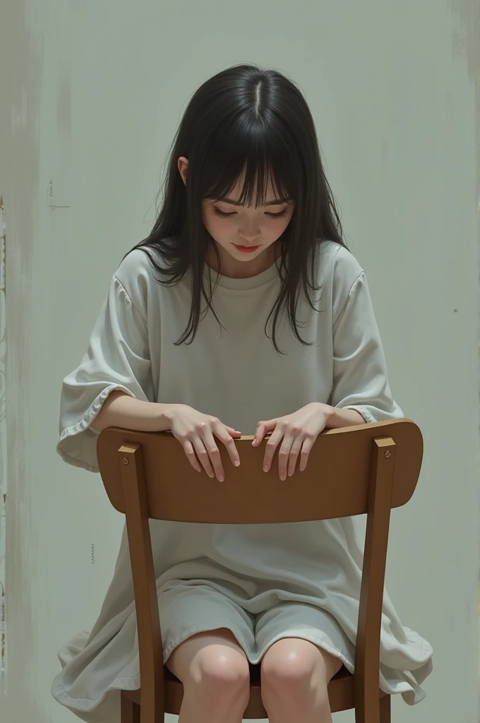 A girl whose both hands are on the chair.