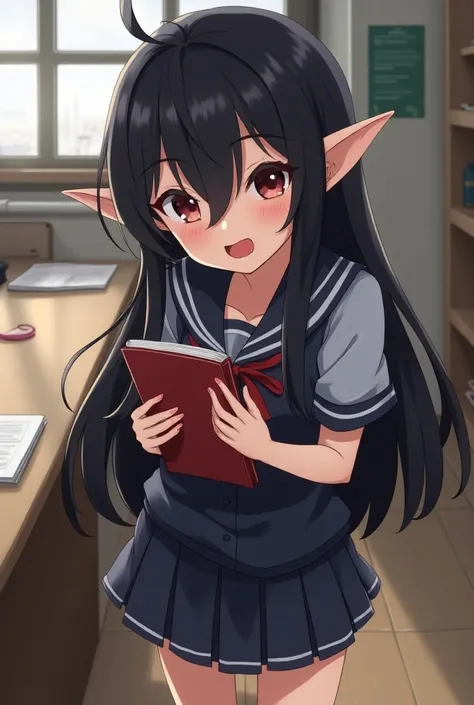 A young goblin woman, very very short, with long black hair, pointed ears, pointed teeth and nails, wearing a school uniform with short skirt, clasping a book to her chest, inside a college, in full view in a highly detailed anime style