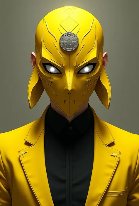 A jujursu kaisen style character with a yellow mask and a coin on his forehead, white eyes and a stylish yellow suit 