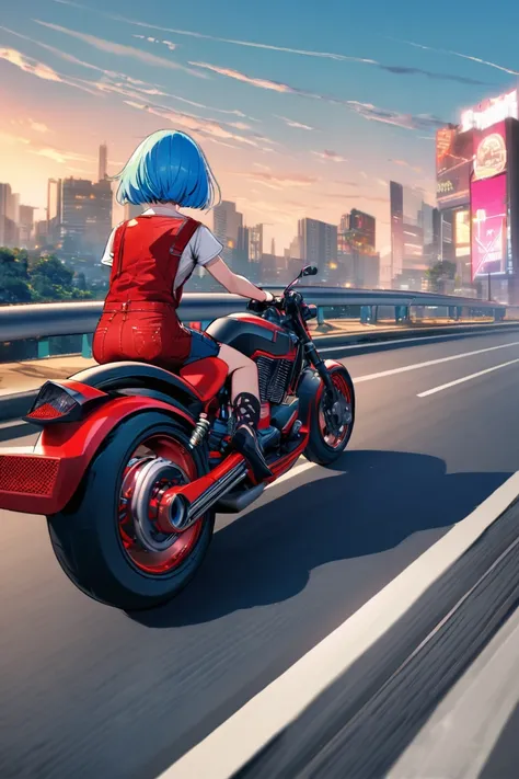 create a female figure with blue hair, short hair, red overalls, cyber punk style, on a highway, in the background of a city, akira-style motorcycle, sentada na moto