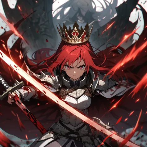 Anime, well detailed, paladin, paladins dark clothes, Cape, spikes, crown, 1 woman, large hair ((blood-colored red)), serious, multiple swords surrounding her ((homming swords))