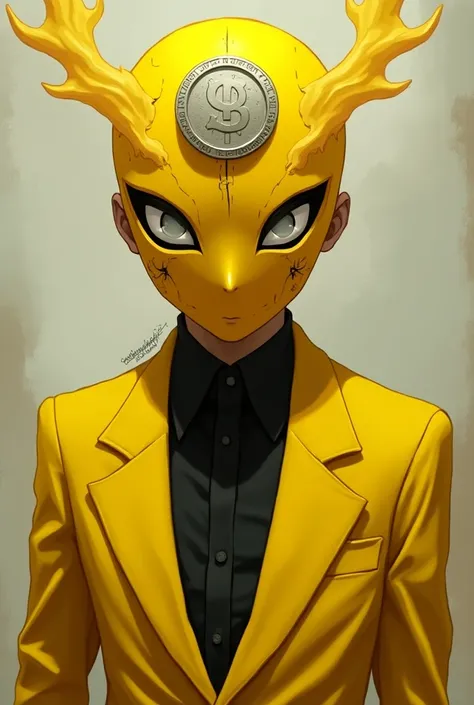 A jujursu kaisen style character with a yellow mask and a coin on his forehead, white eyes and a stylish yellow suit 