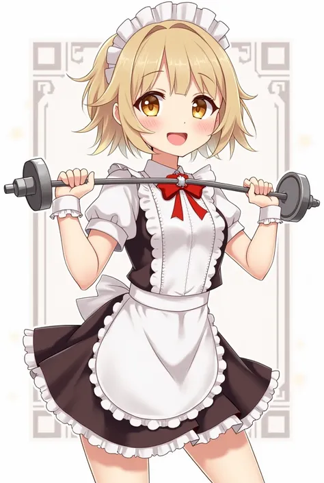  character in a barbell with short hair , Golden-eyed ,  cute maid dress 