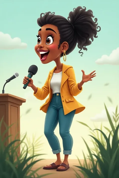 Caricature/ Animated: A black female university student being her future self being successful and helping the environment by being on stage and talking about Recycling